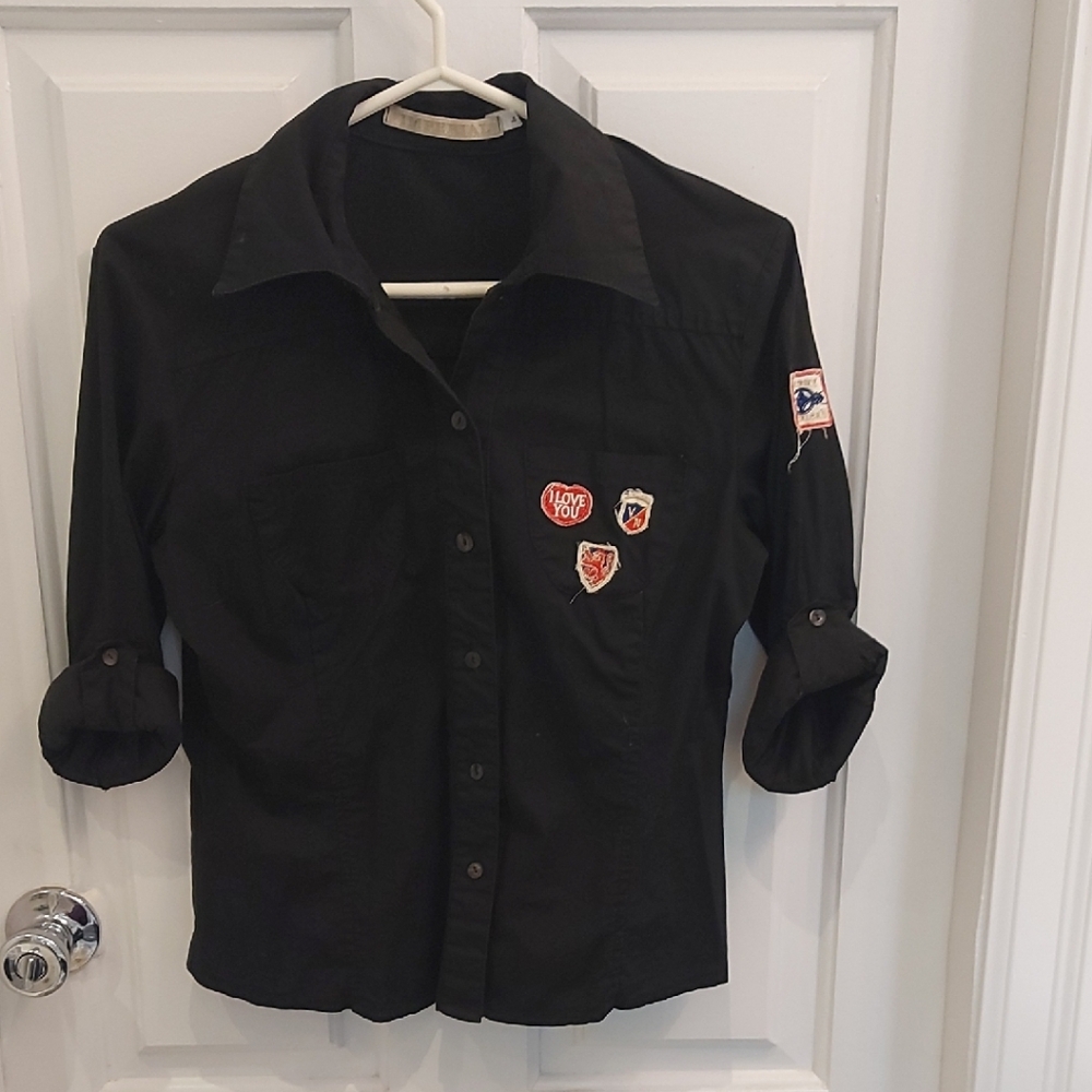 Women's Black Button-Down Shirt with Playful Patches